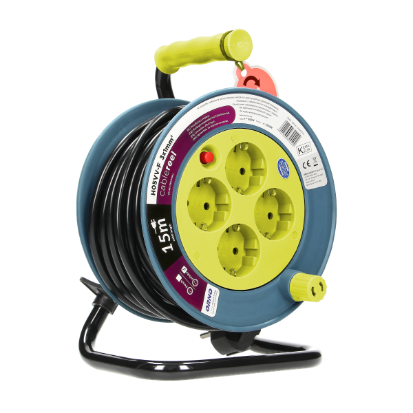 MINI cable reel with 4 sockets 2P+E, metal stand, cable: PVC H05VV-F 3x1mm², 15m, Schuko lime