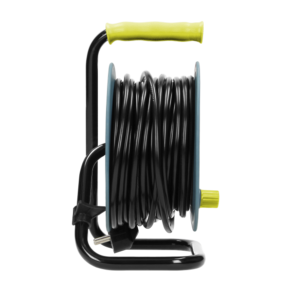 MINI cable reel with 4 sockets 2P+E, metal stand, cable: PVC H05VV-F 3x1mm², 15m, Schuko lime