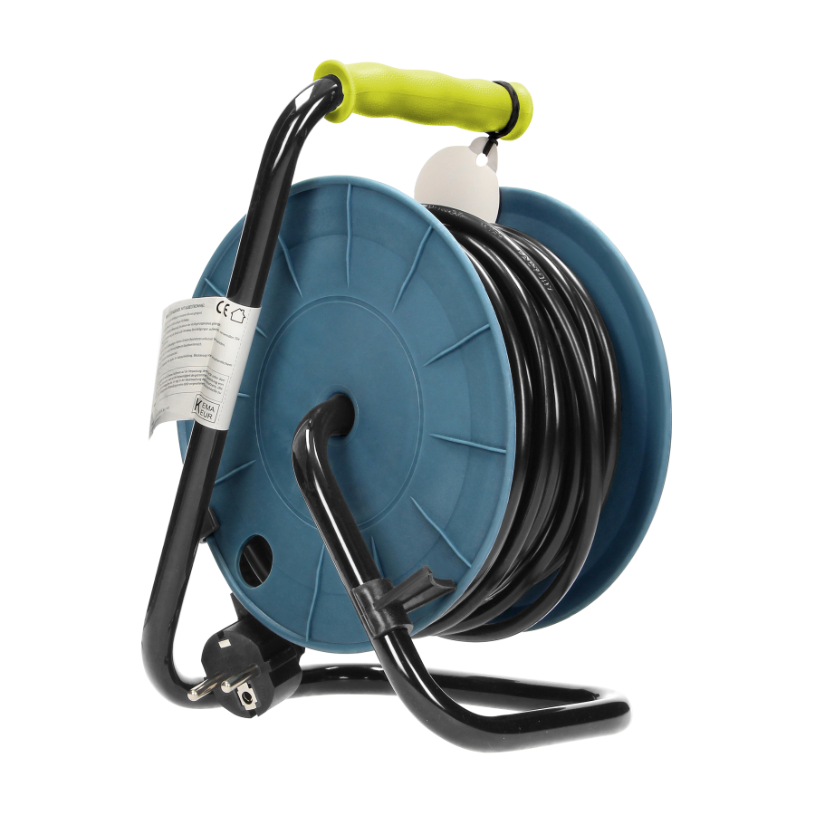 MINI cable reel with 4 sockets 2P+E, metal stand, cable: PVC H05VV-F 3x1mm², 15m, Schuko lime