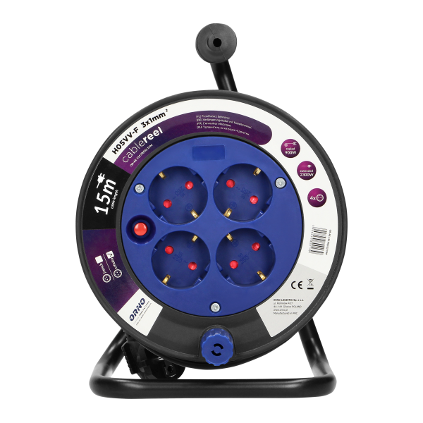 Przedłużacz bębnowy MINI, 4 gniazda 2P+Z (schuko), metalowy stojak, polwinit H05VV-F 3x1mm² - 15m