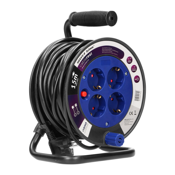 MINI cable reel, PVC, H05VV-F 3x1.0mm², 15m, 4x2P+E (schuko)