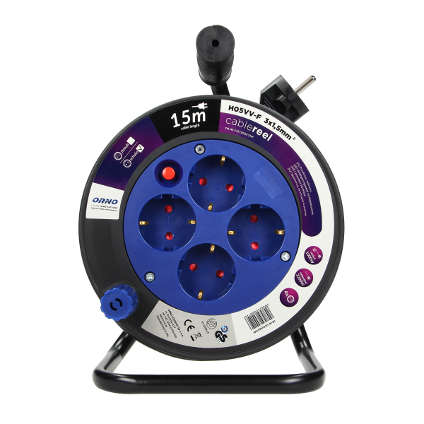 MINI cable reel, PVC, H05VV-F 3x1.5mm², 15m, 4x2P+E (Schuko)