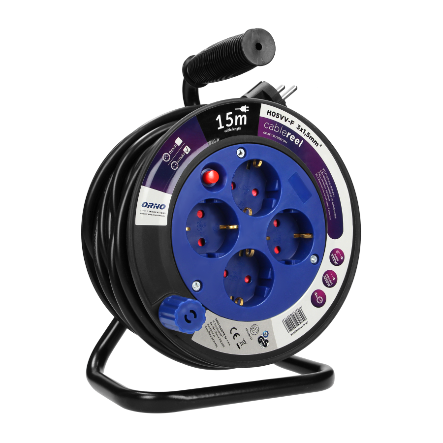 MINI cable reel, PVC, H05VV-F 3x1.5mm², 15m, 4x2P+E (Schuko)