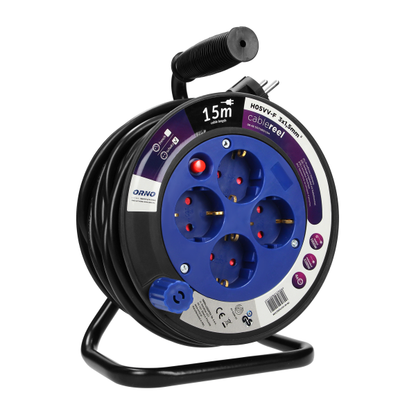 Przedłużacz bębnowy MINI, 4 gniazda 2P+Z (schuko), metalowy stojak, polwinit H05VV-F 3x1.5mm² - 15m