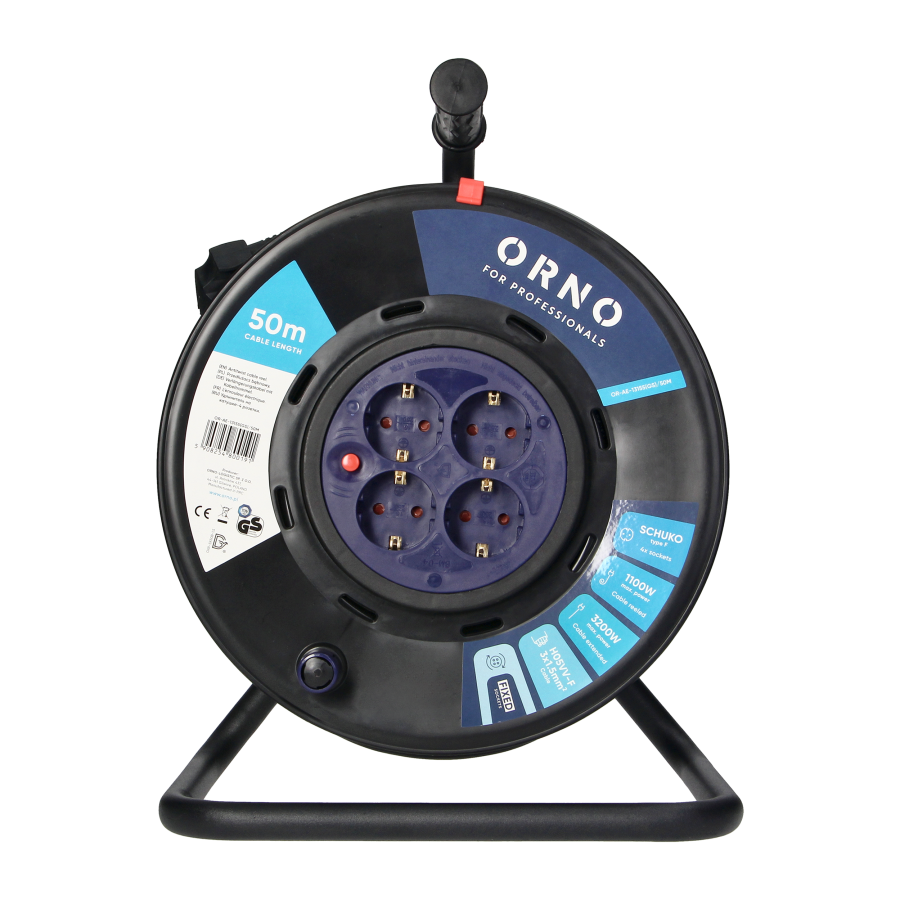 Cable reel, PVC, H05VV-F 3x1.5mm² - 50m, 4x2P+E (schuko) fixed sockets