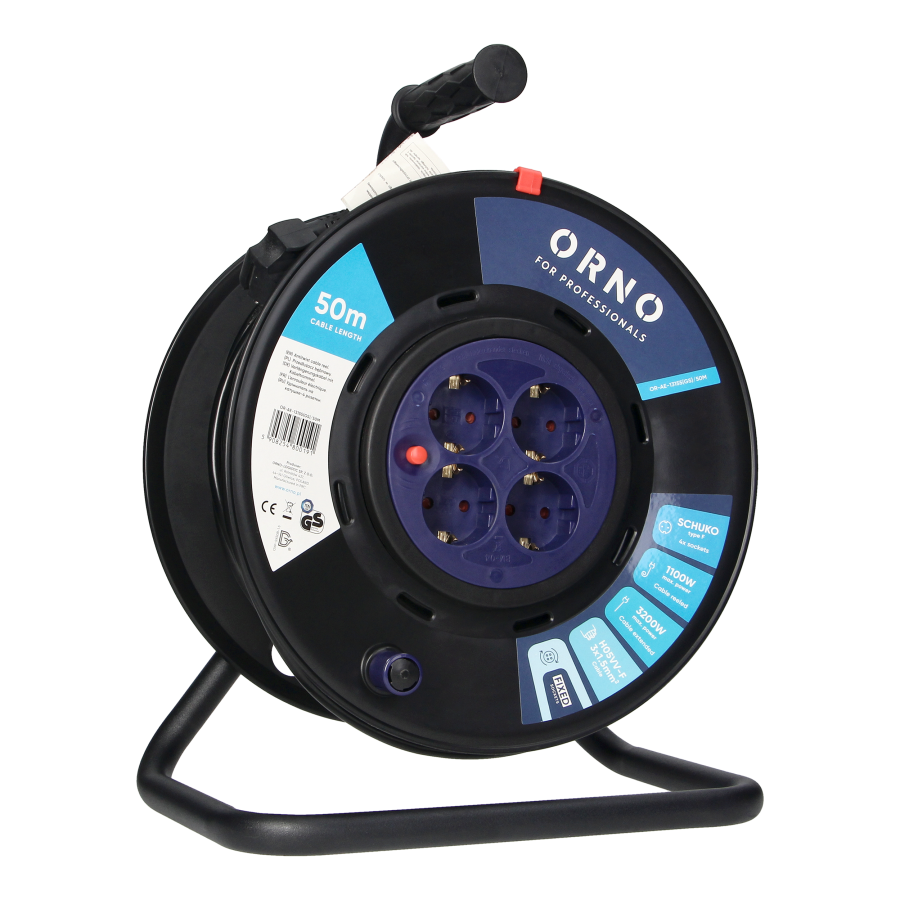 Przedłużacz bębnowy, 4 gniazda 2P+Z (schuko), kabel PVC H05VV-F 3x1,5mm², długość - 50m, STAŁE GNIAZDA, termik, przesłony torów prądowych.