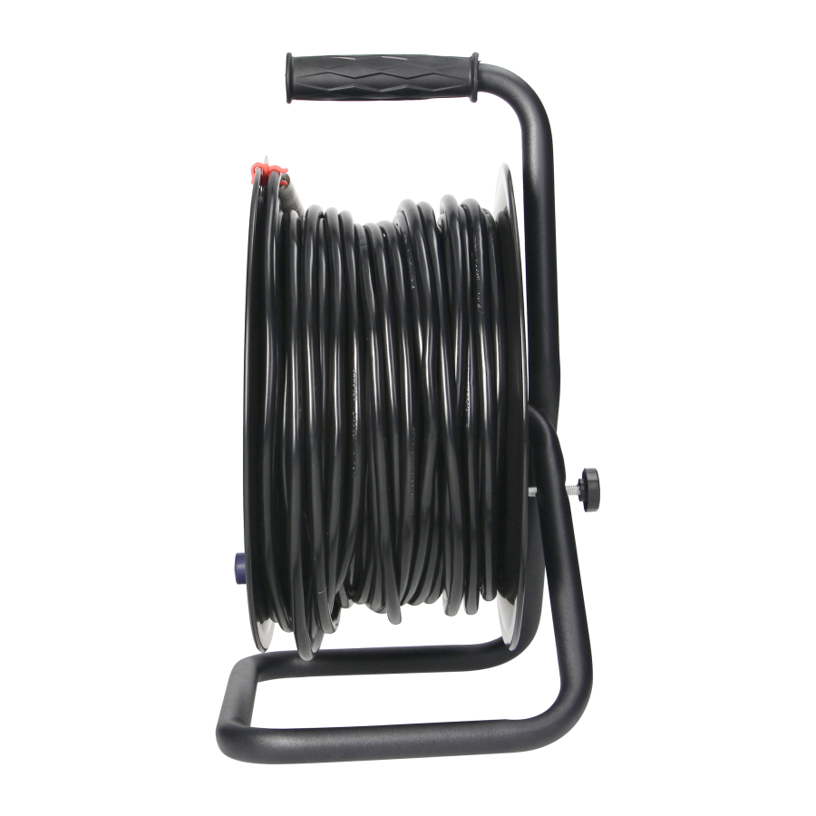 Przedłużacz bębnowy, 4 gniazda 2P+Z (schuko), kabel PVC H05VV-F 3x1,5mm², długość - 50m, STAŁE GNIAZDA, termik, przesłony torów prądowych.