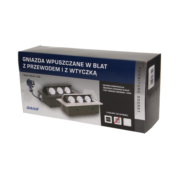 Gniazdo meblowe wpuszczane w blat z grubym rantem 3x2P+Z, przewód 1,5m 3x1,5mm², srebrne