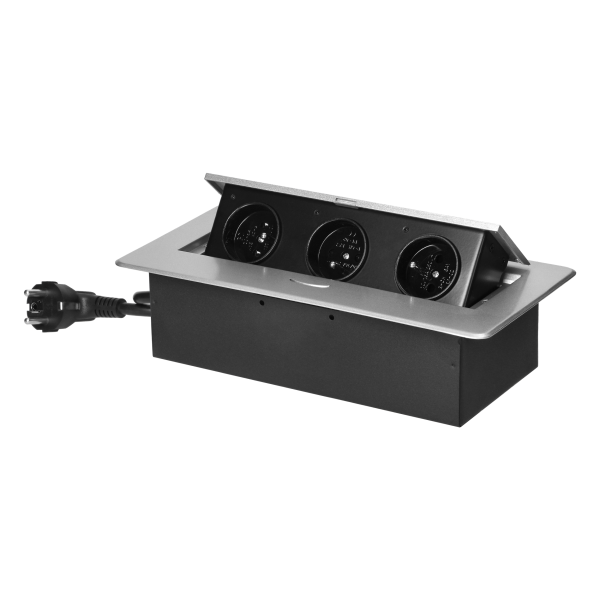 Recessed furniture socket with flat milled edge and 1.5 m cable, 3x2P+E, silver Recessed furniture socket with flat milled edge and 1.5 m cable, 3x2P+E, silver