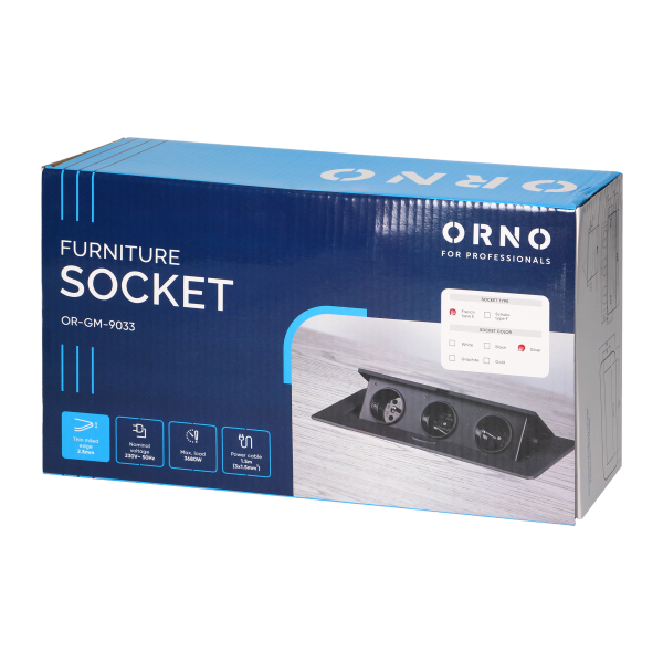 Recessed furniture socket with flat milled edge and 1.5 m cable, 3x2P+E, silver Recessed furniture socket with flat milled edge and 1.5 m cable, 3x2P+E, silver