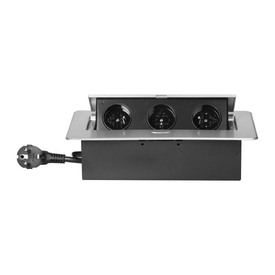 Recessed furniture socket with flat milled edge and 1.5 m cable, 3x2P+E, silver