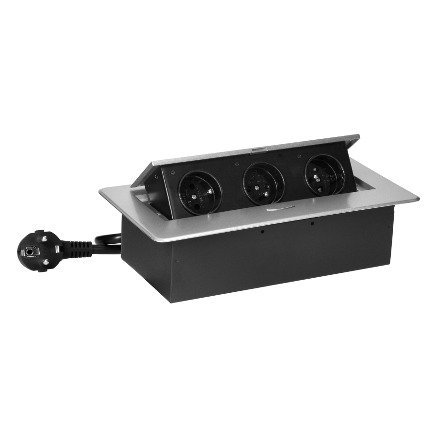 Recessed furniture socket with flat milled edge and 1.5 m cable, 3x2P+E, silver