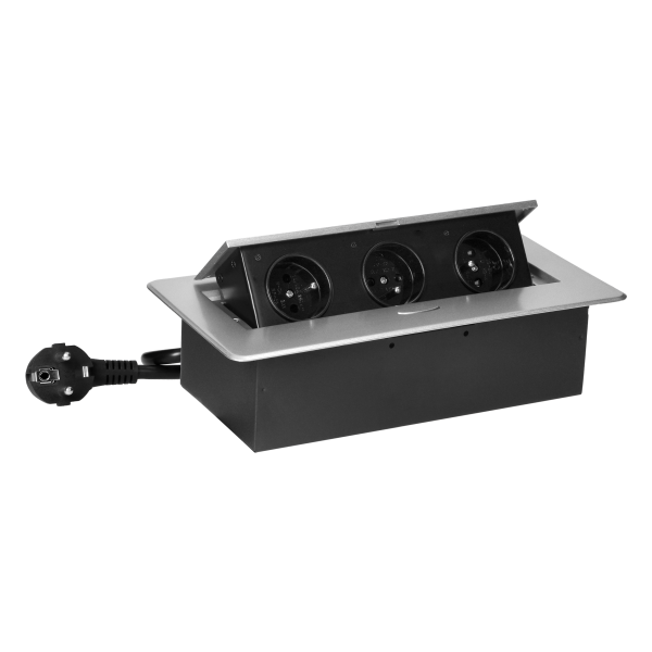 Recessed furniture socket with flat milled edge and 1.5 m cable, 3x2P+E, silver Recessed furniture socket with flat milled edge and 1.5 m cable, 3x2P+E, silver