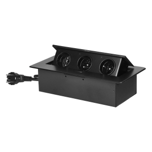 Recessed furniture socket with flat milled edge and 1.5 m cable, 3x2P+E, black