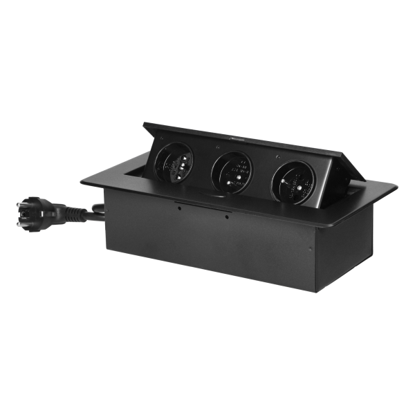 Recessed furniture socket with flat milled edge and 1.5 m cable, 3x2P+E, black Recessed furniture socket with flat milled edge and 1.5 m cable, 3x2P+E, black