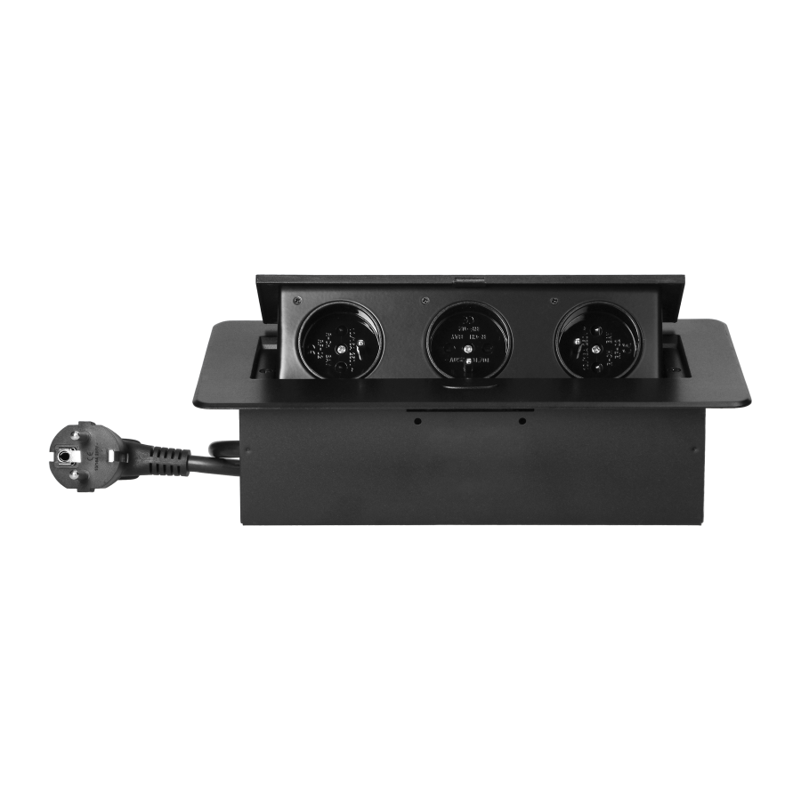Recessed furniture socket with flat milled edge and 1.5 m cable, 3x2P+E, black