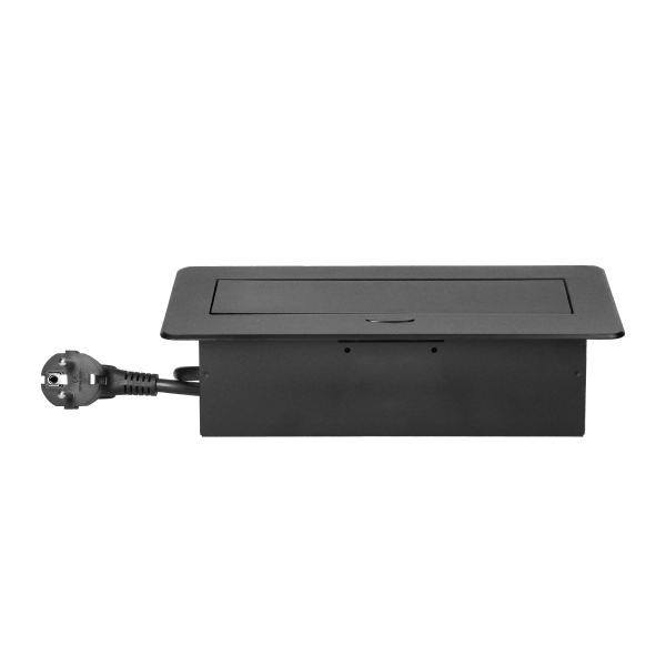 Gniazdo meblowe wpuszczane w blat z płaskim frezowanym rantem i przewodem 1,5m, 3x2P+Z, czarne