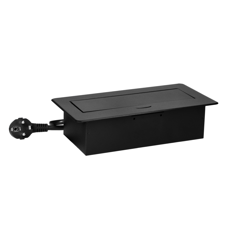 Recessed furniture socket with flat milled edge and 1.5 m cable, 3x2P+E, black