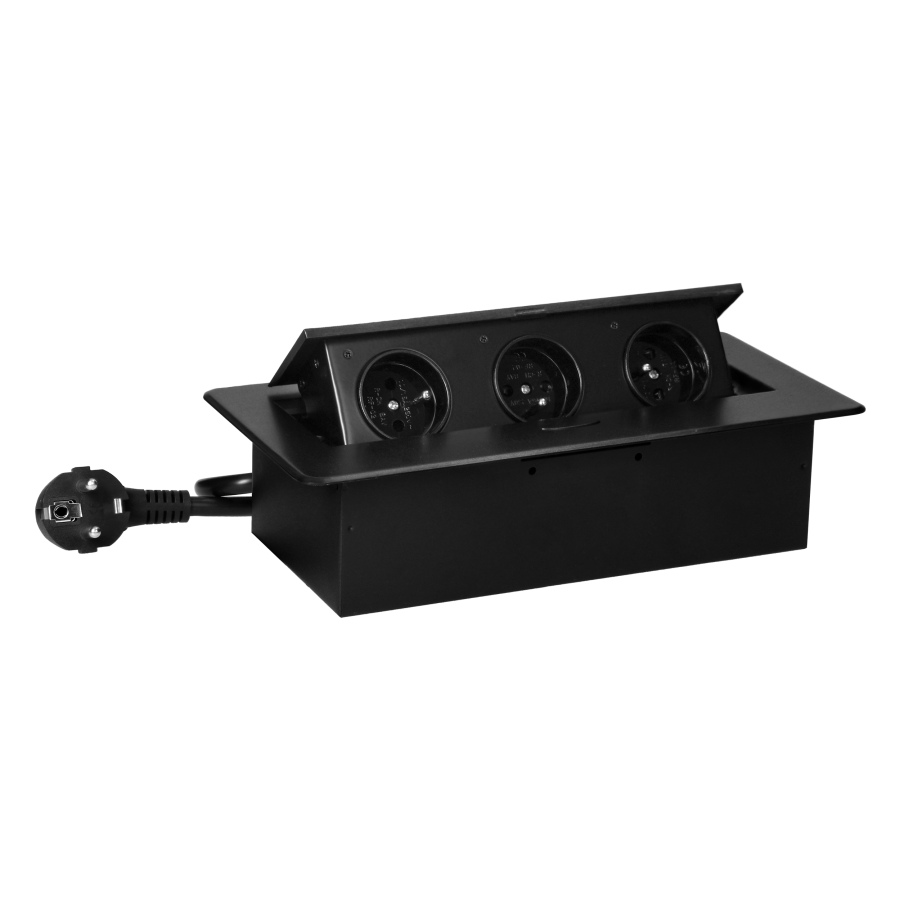 Gniazdo meblowe wpuszczane w blat z płaskim frezowanym rantem i przewodem 1,5m, 3x2P+Z, czarne