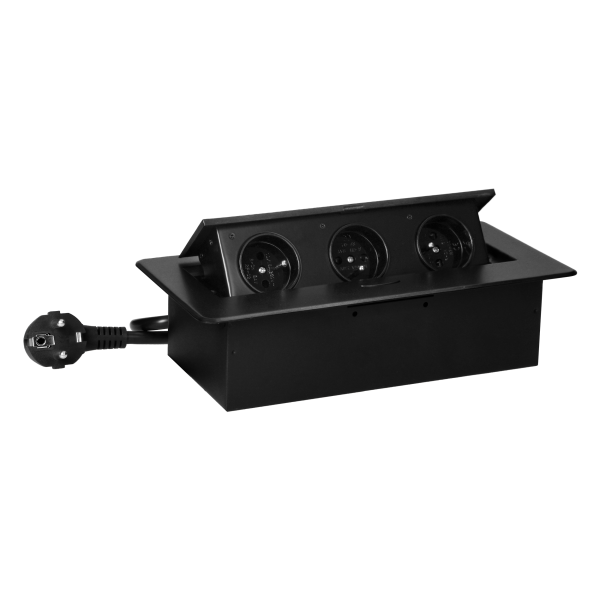 Gniazdo meblowe wpuszczane w blat z płaskim frezowanym rantem i przewodem 1,5m, 3x2P+Z, czarne