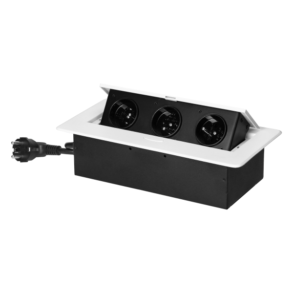 Recessed furniture socket with flat milled edge and 1.5 m cable, 3x2P+E, white