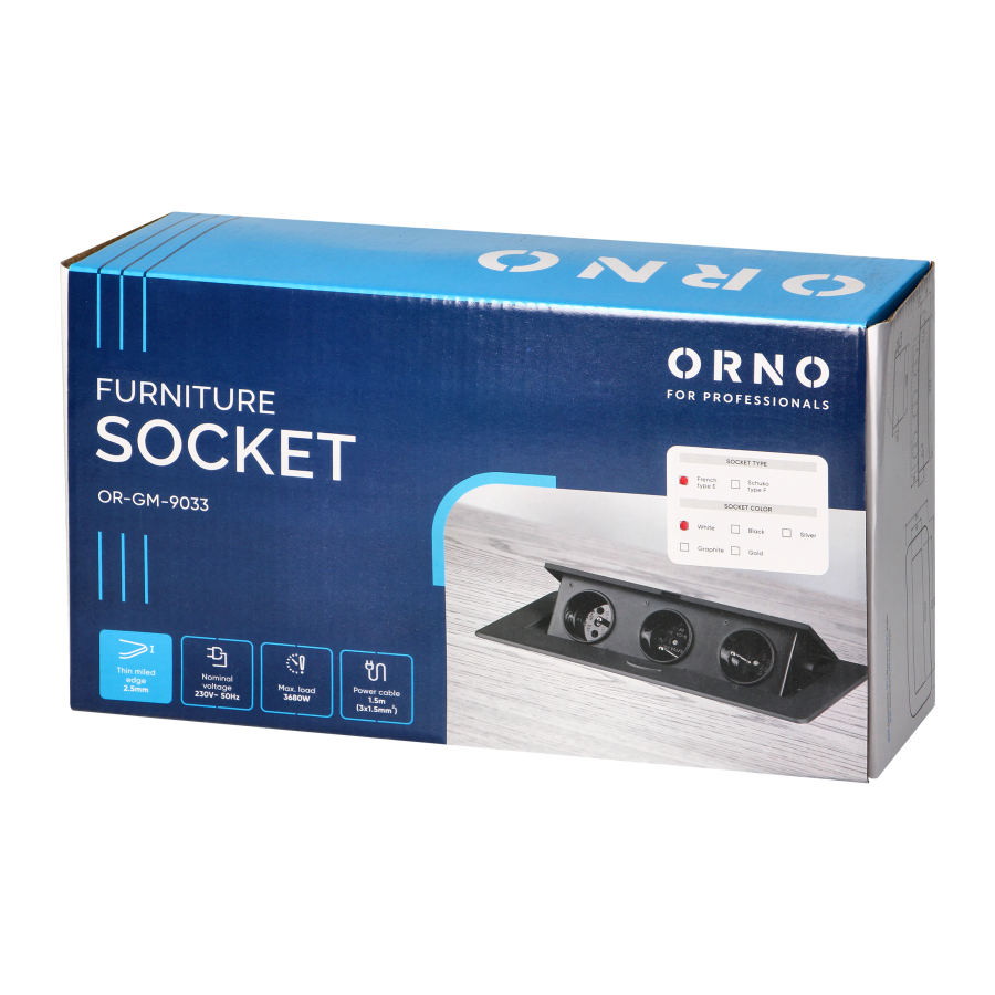 Gniazdo meblowe wpuszczane w blat z płaskim frezowanym rantem i przewodem 1,5m, 3x2P+Z, białe