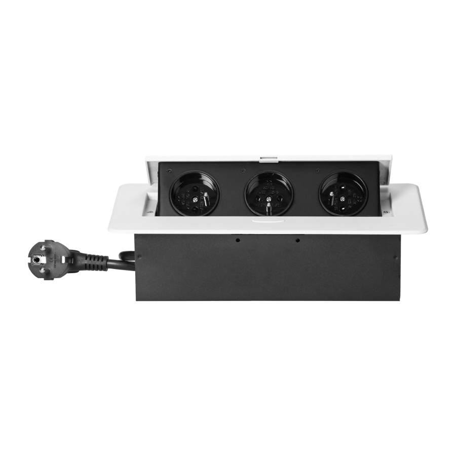 Recessed furniture socket with flat milled edge and 1.5 m cable, 3x2P+E, white