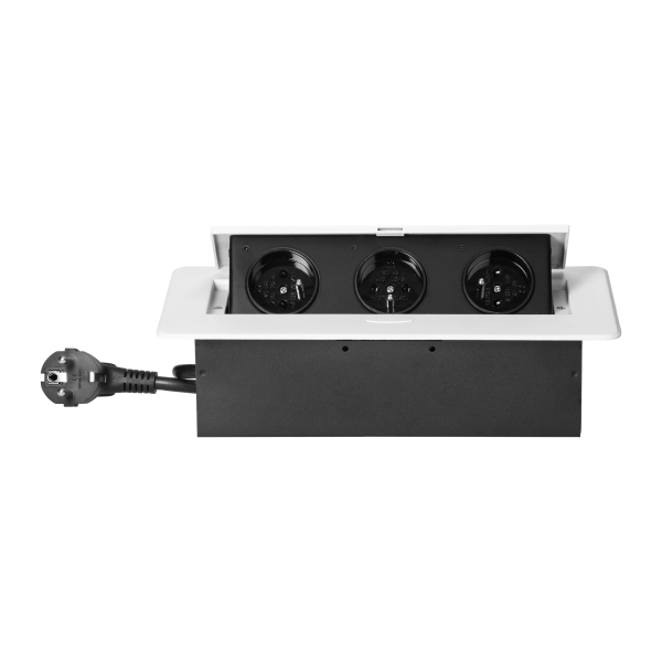 Recessed furniture socket with flat milled edge and 1.5 m cable, 3x2P+E, white