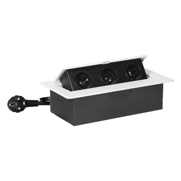 Recessed furniture socket with flat milled edge and 1.5 m cable, 3x2P+E, white