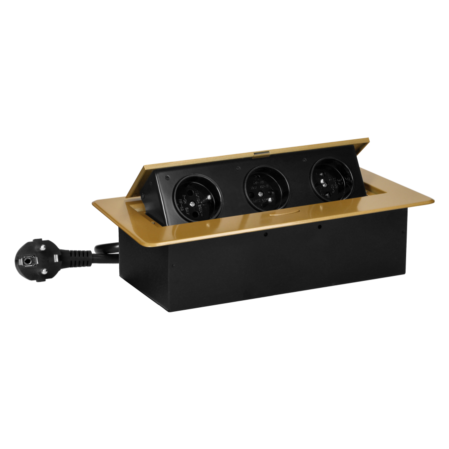 Recessed furniture socket with flat milled edge and 1.5 m cable, 3x2P+E, gold
