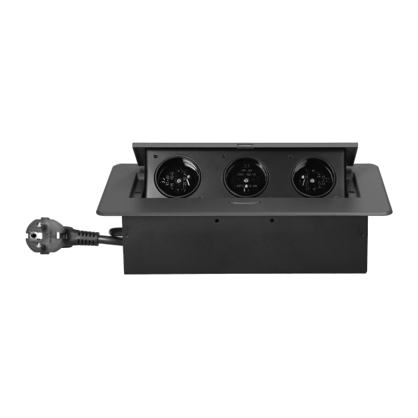 Recessed furniture socket with flat milled edge and 1.5 m cable, 3x2P+E, graphite