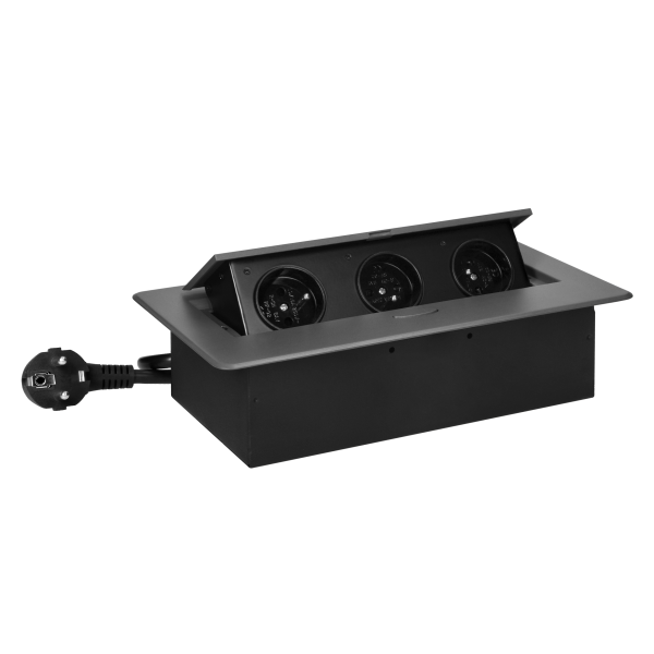 Recessed furniture socket with flat milled edge and 1.5 m cable, 3x2P+E, graphite