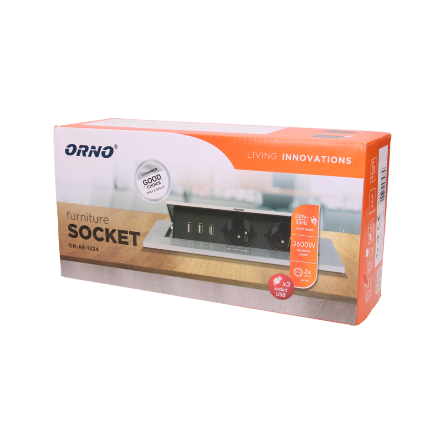 Gniazdo meblowe wpuszczane w blat z grubym rantem, 2x2P+Z, 3 porty USB, srebrne
