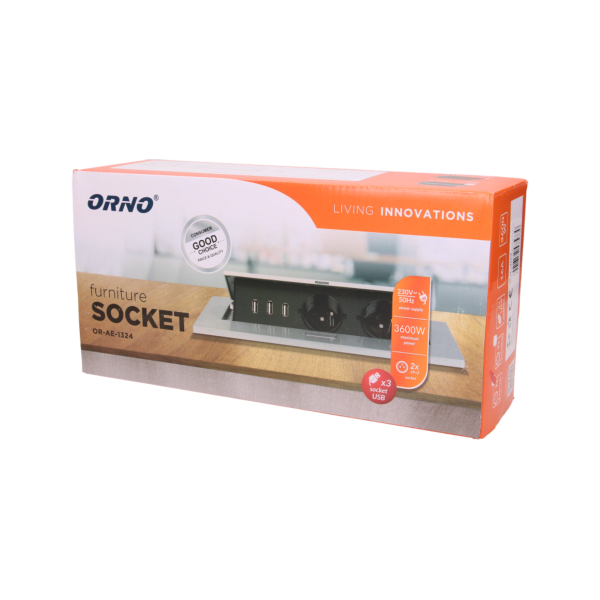 Gniazdo meblowe wpuszczane w blat z grubym rantem, 2x2P+Z, 3 porty USB, srebrne