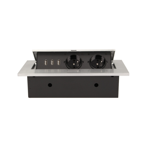 Flush-fitting furniture socket with three USB chargers, silver