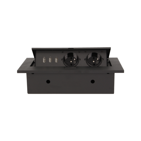 Flush-fitting furniture socket with three USB chargers, black