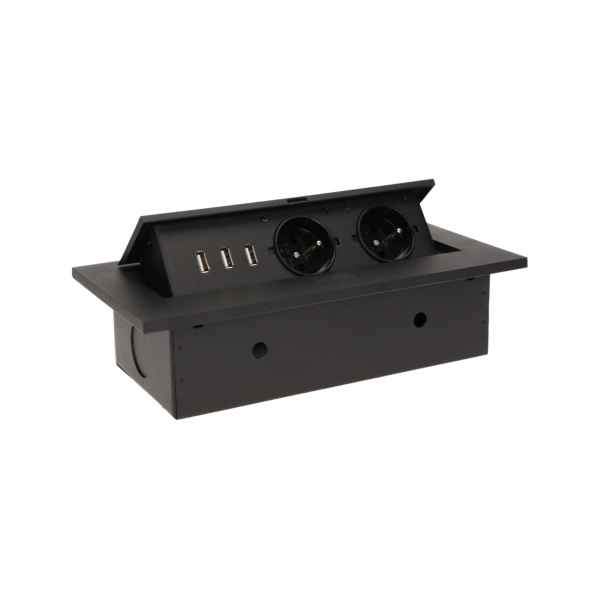 Flush-fitting furniture socket with three USB chargers, black