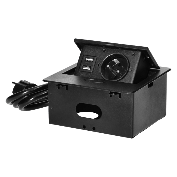 Wpuszczane gniazdo meblowe z ładowarką USB i przewodem 1,5m,  1x2P+Z, 2xUSB (typ A, 2,1A), płaski rant frezowany, czarny