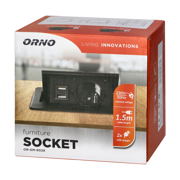 Wpuszczane gniazdo meblowe z ładowarką USB i przewodem 1,5m,  1x2P+Z, 2xUSB (typ A, 2,1A), płaski rant frezowany, czarny