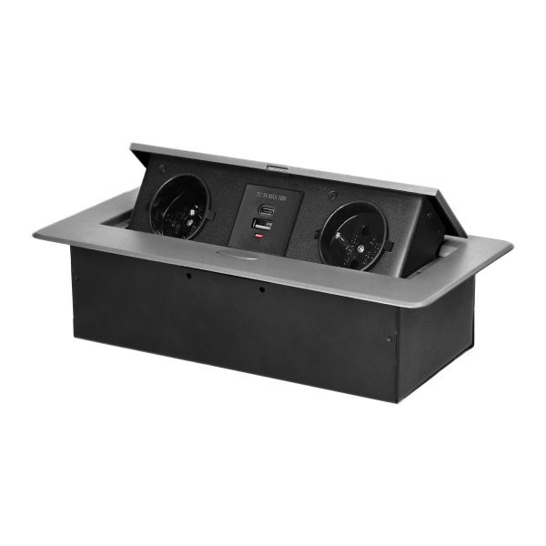 Gniazdo meblowe wpuszczane w blat z płaskim frezowanym rantem i ładowarką USB, 2x2P+Z, 2xUSB (typ A+C; 3,6A), srebrne Gniazdo meblowe wpuszczane w blat z płaskim frezowanym rantem i ładowarką USB, 2x2P+Z, 2xUSB (typ A+C; 3,6A), srebrne