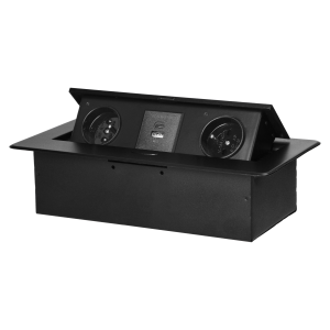 Gniazdo meblowe wpuszczane w blat z płaskim frezowanym rantem i ładowarką USB, 2x2P+Z, 2xUSB (typ A+C; 3,6A), czarne
