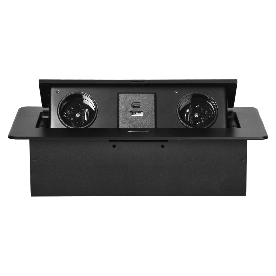 Recessed furniture socket with flat milled edge and USB charger, 2x2P+E,2x USB (type A+C; 3.6A), black