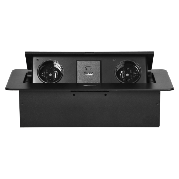 Recessed furniture socket with flat milled edge and USB charger, 2x2P+E,2x USB (type A+C; 3.6A), black