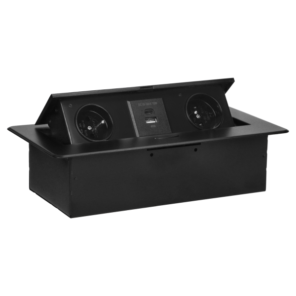 Recessed furniture socket with flat milled edge and USB charger, 2x2P+E,2x USB (type A+C; 3.6A), black