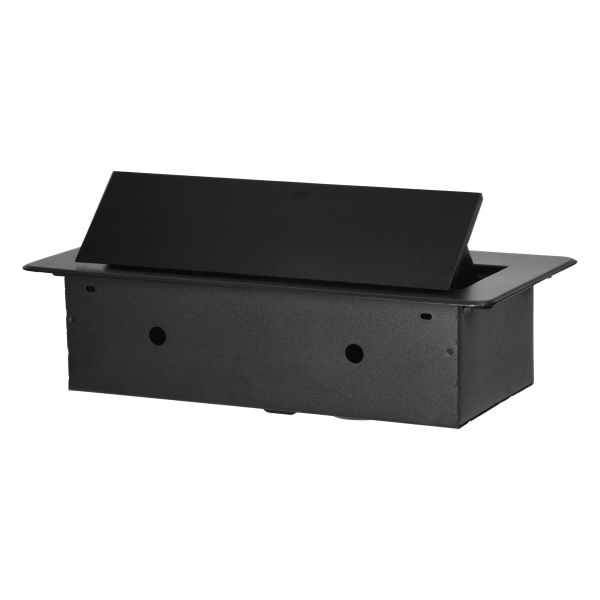 Gniazdo meblowe wpuszczane w blat z płaskim frezowanym rantem i ładowarką USB, 2x2P+Z, 2xUSB (typ A+C; 3,6A), czarne Gniazdo meblowe wpuszczane w blat z płaskim frezowanym rantem i ładowarką USB, 2x2P+Z, 2xUSB (typ A+C; 3,6A), czarne