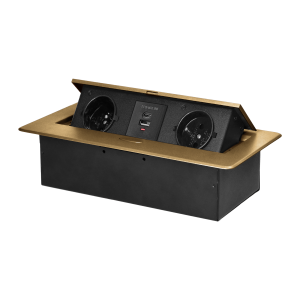 Gniazdo meblowe wpuszczane w blat z płaskim frezowanym rantem i ładowarką USB, 2x2P+Z, 2xUSB (typ A+C; 3,6A), złote