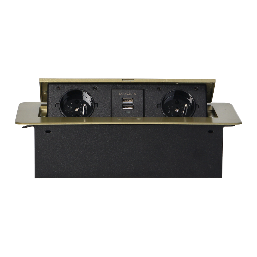 Recessed furniture sockets in a housing with a flat edge and USB charger, 2x2P+E, 2xUSB, brass color