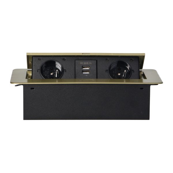 Recessed furniture sockets in a housing with a flat edge and USB charger, 2x2P+E, 2xUSB, brass color