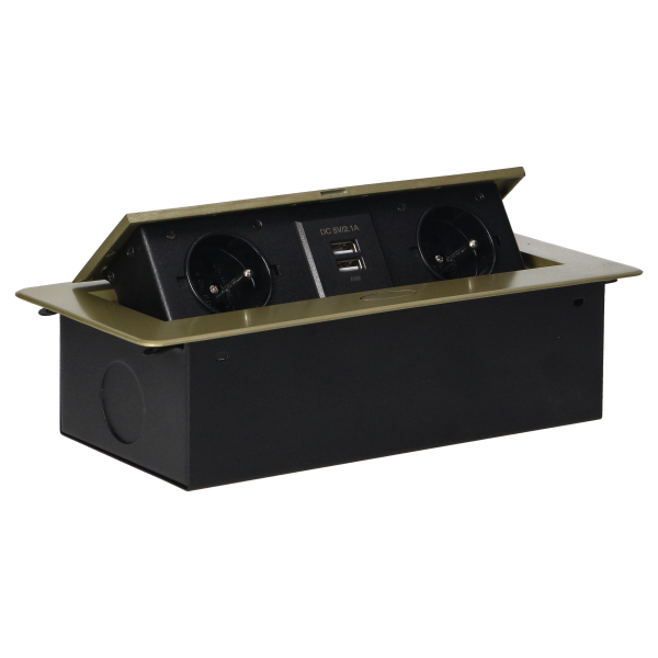 Gniazda meblowe wpuszczane w blat z płaskim frezowanym rantem i ładowarką USB, 2x2P+Z, 2xUSB, mosiądz