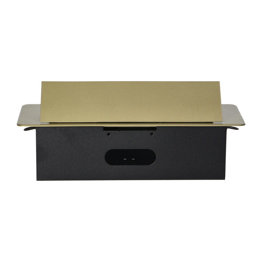 Recessed furniture sockets in a housing with a flat edge and USB charger, 2x2P+E, 2xUSB, brass color